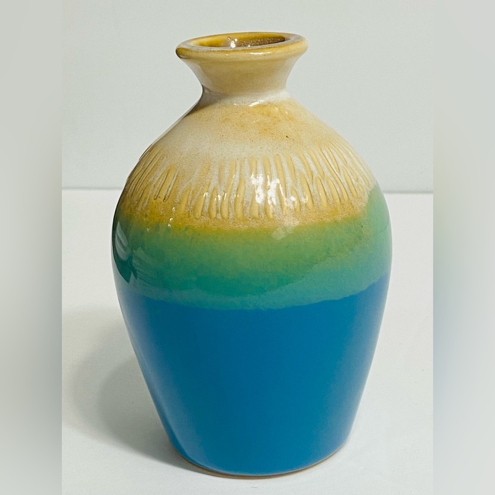 Cute Studio Art Pottery Small Bud Vase - Graduated Blue, Green and Beige Glaze
